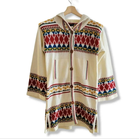Monarch Knit Sweaters - Vintage  Cream Knit Long Buttoned Up Knitted Sweater with Hood.